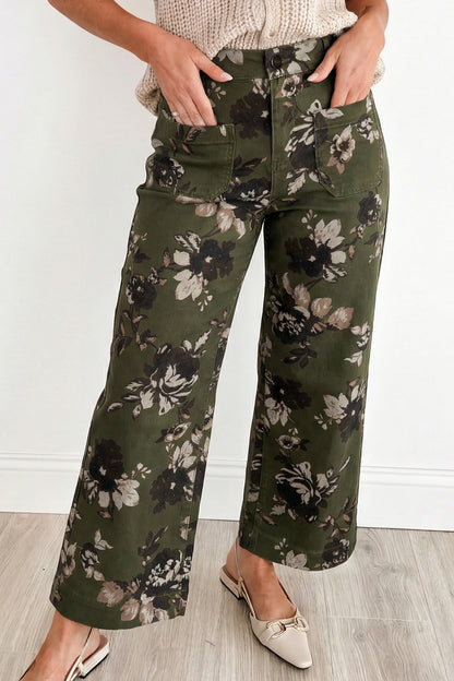 Green Vintage Floral Mid-Rise Raw Hem Jeans