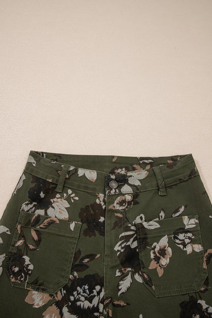 Green Vintage Floral Mid-Rise Raw Hem Jeans