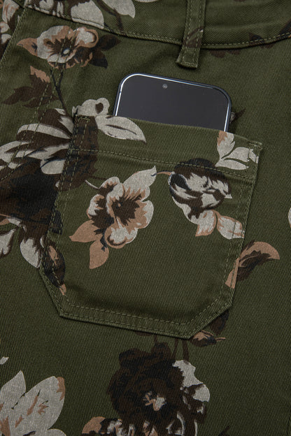 Green Vintage Floral Mid-Rise Raw Hem Jeans