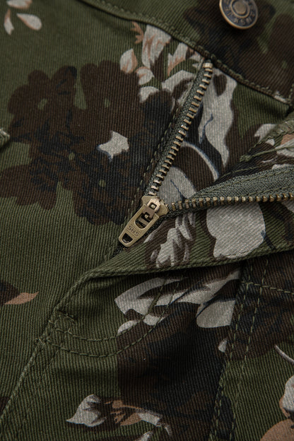 Green Vintage Floral Mid-Rise Raw Hem Jeans