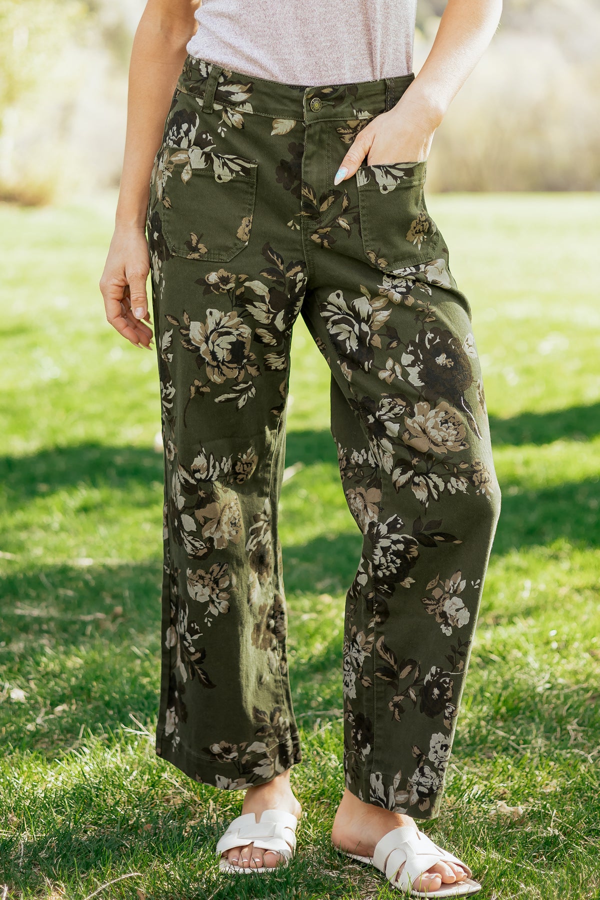 Green Vintage Floral Mid-Rise Raw Hem Jeans