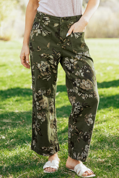 Green Vintage Floral Mid-Rise Raw Hem Jeans