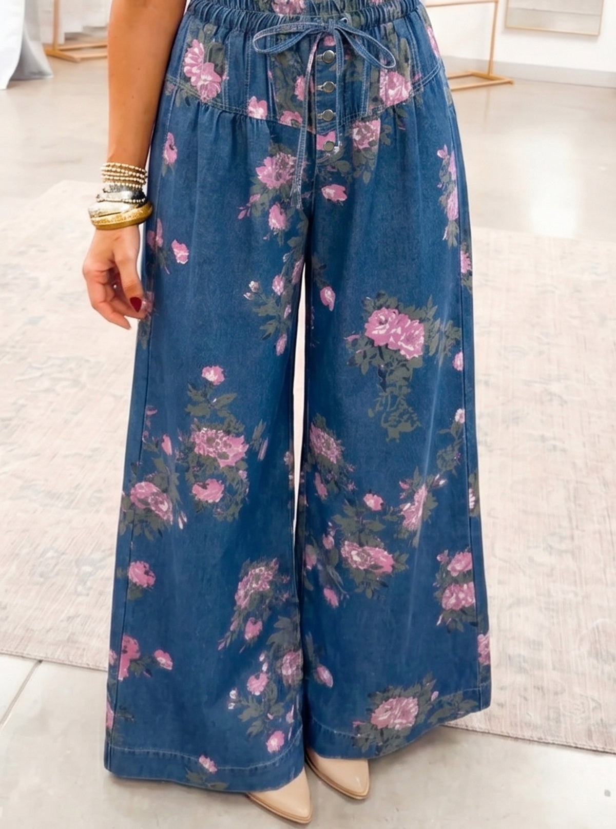 Blue Retro Floral High-Waist Pintuck Wide Leg Jeans
