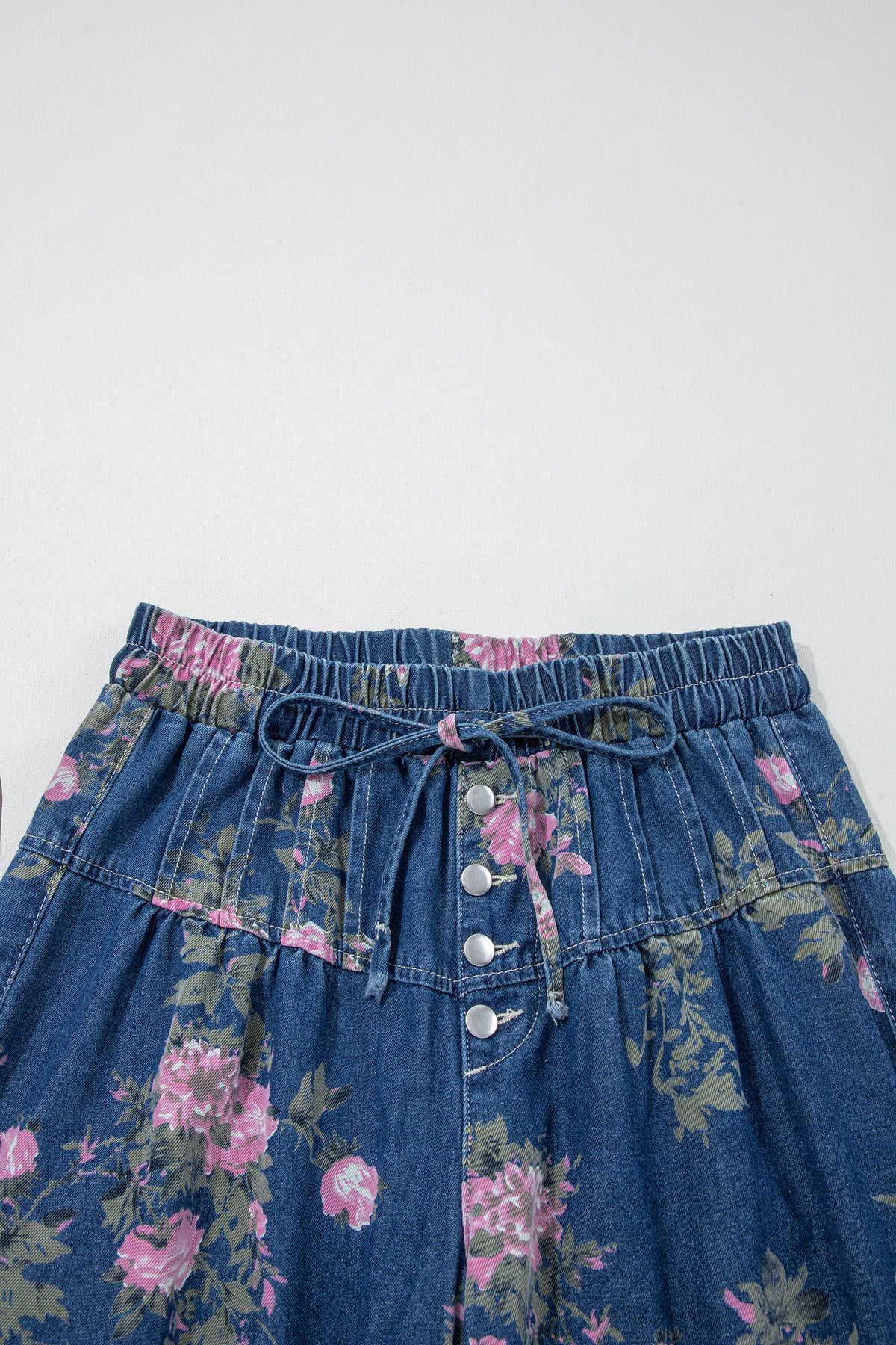 Blue Retro Floral High-Waist Pintuck Wide Leg Jeans