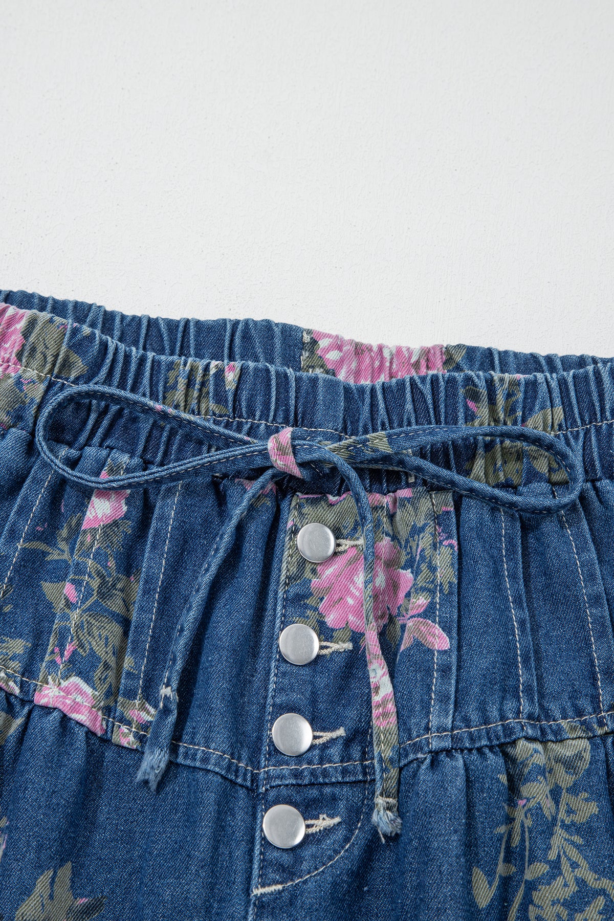 Blue Retro Floral High-Waist Pintuck Wide Leg Jeans