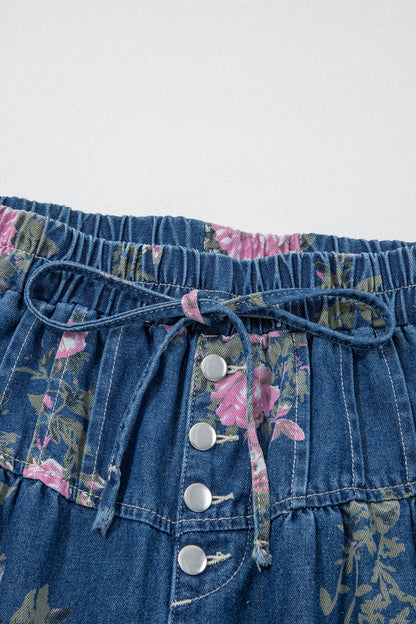 Blue Retro Floral High-Waist Pintuck Wide Leg Jeans