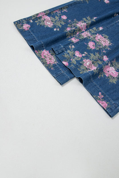 Blue Retro Floral High-Waist Pintuck Wide Leg Jeans