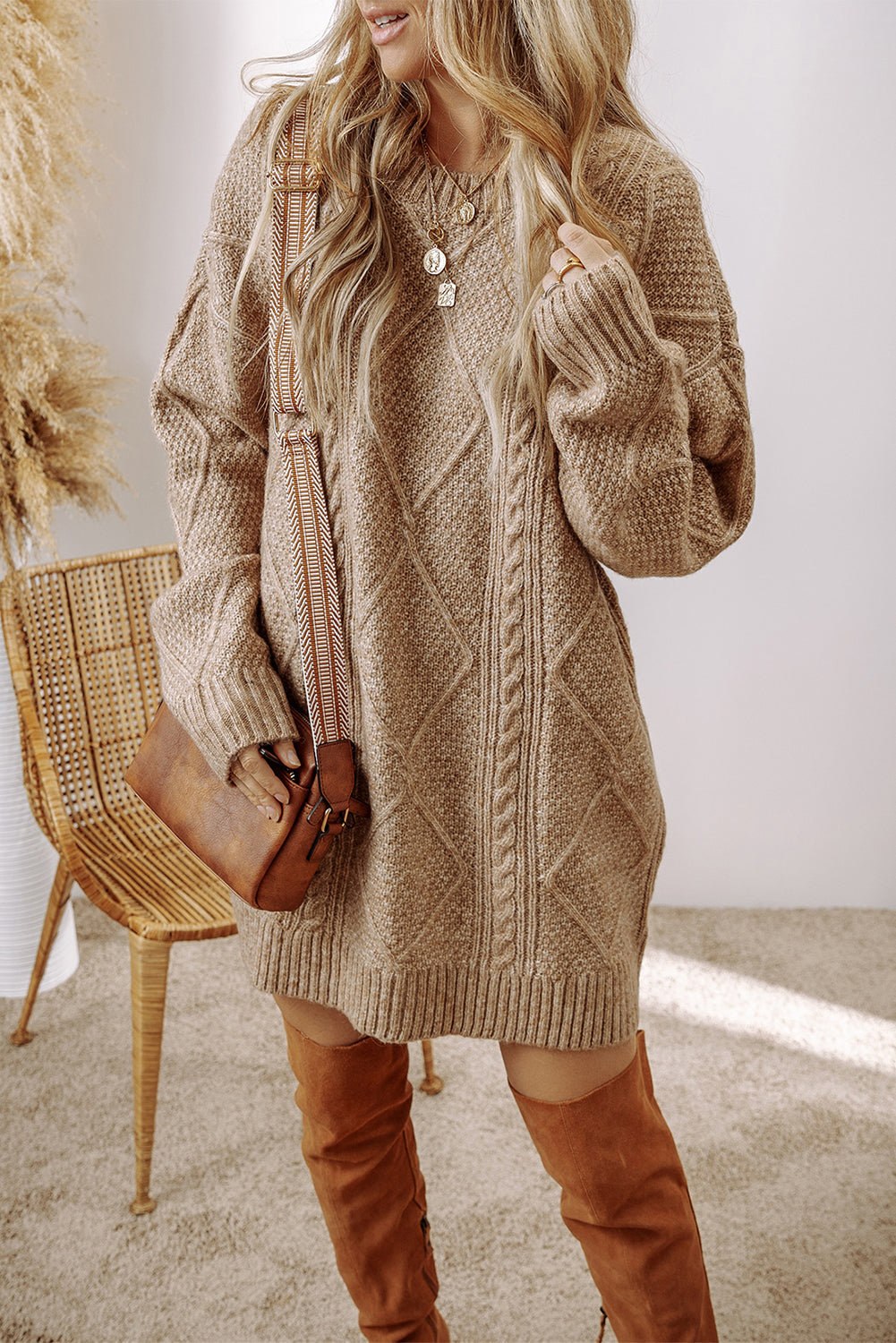 Mist Green Cable Knit Drop Shoulder Loose Fit Sweater Dress